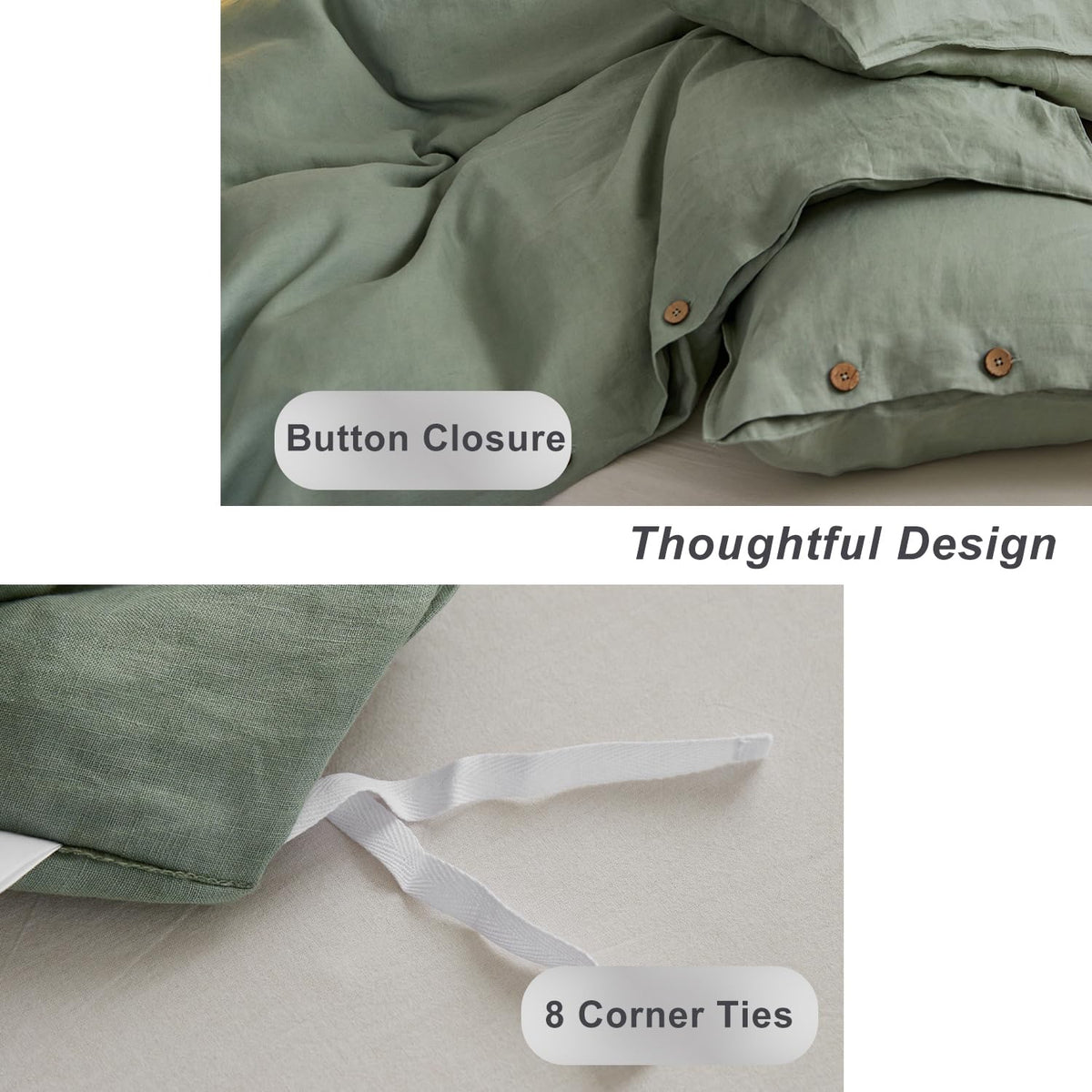 100% Linen Duvet Cover Set, 3 Piece Button Closure