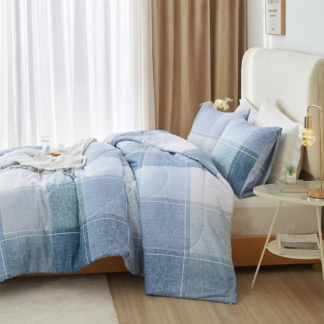 Plaid Comforter Set Farmhouse Comforter Bedding, Blue and White Comforter Grid Buffalo Reversible