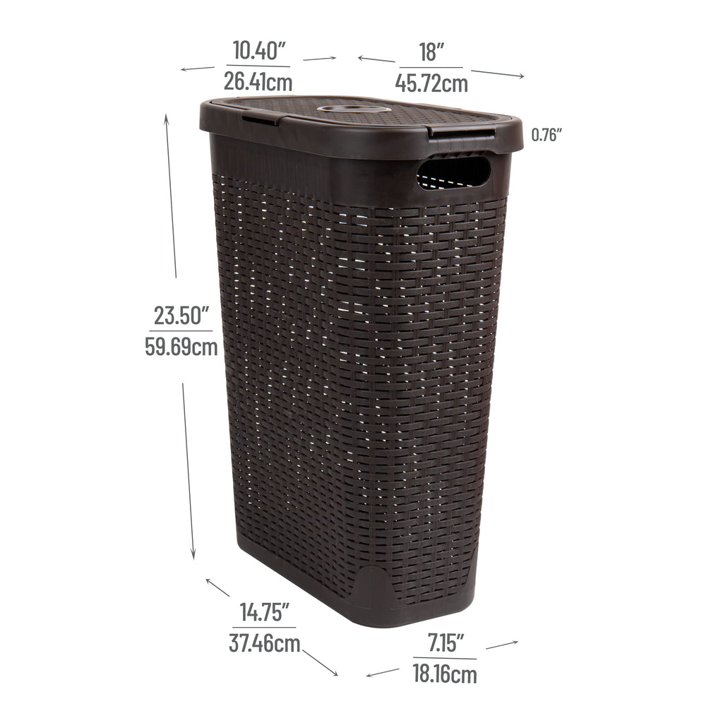 Slim Laundry Hamper with Lid, 40L Clothes Basket, Narrow Tapered Design with Ventilated Cutout Pattern, Plastic, Brown
