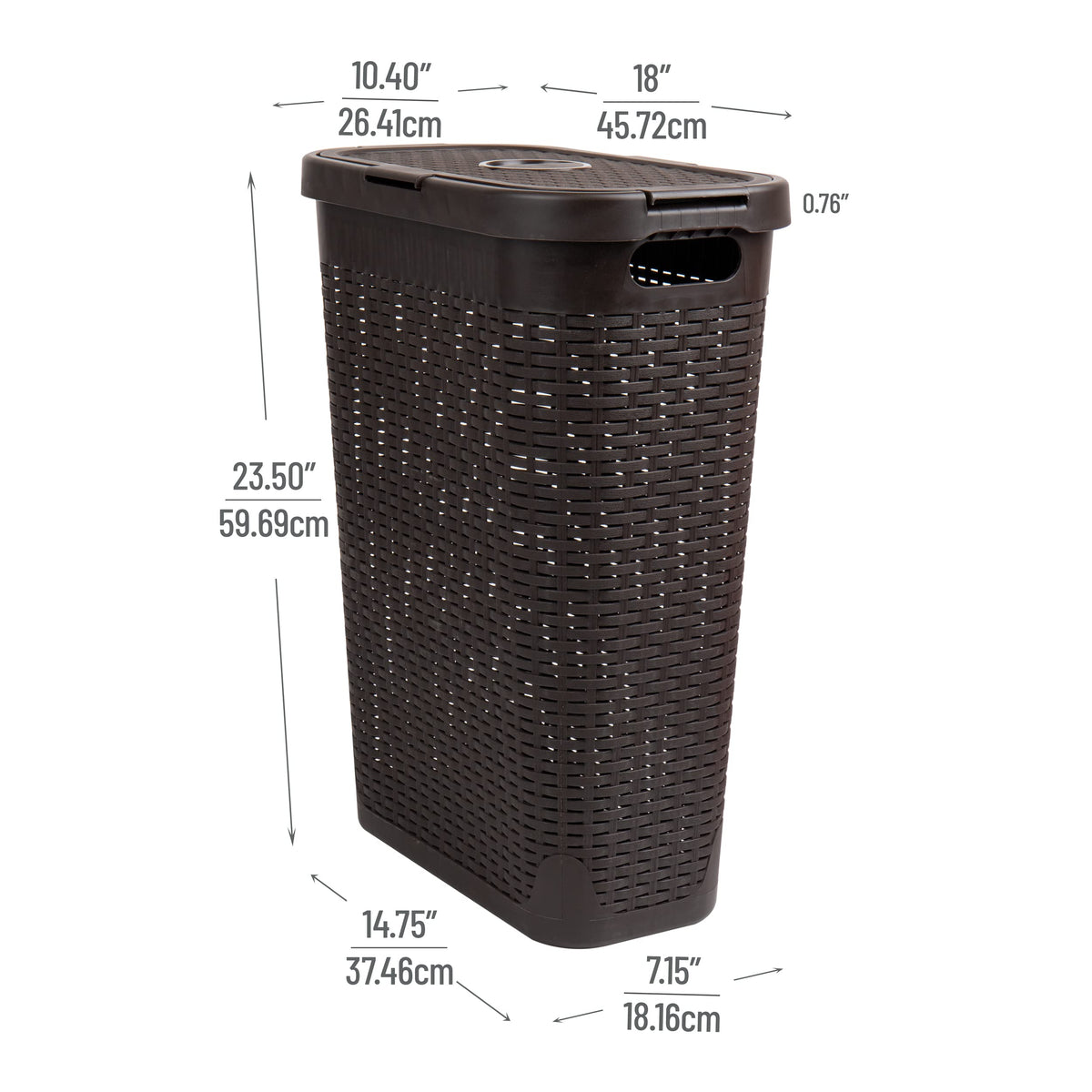 Slim Laundry Hamper with Lid, 40L Clothes Basket, Narrow Tapered Design with Ventilated Cutout Pattern, Plastic, Brown