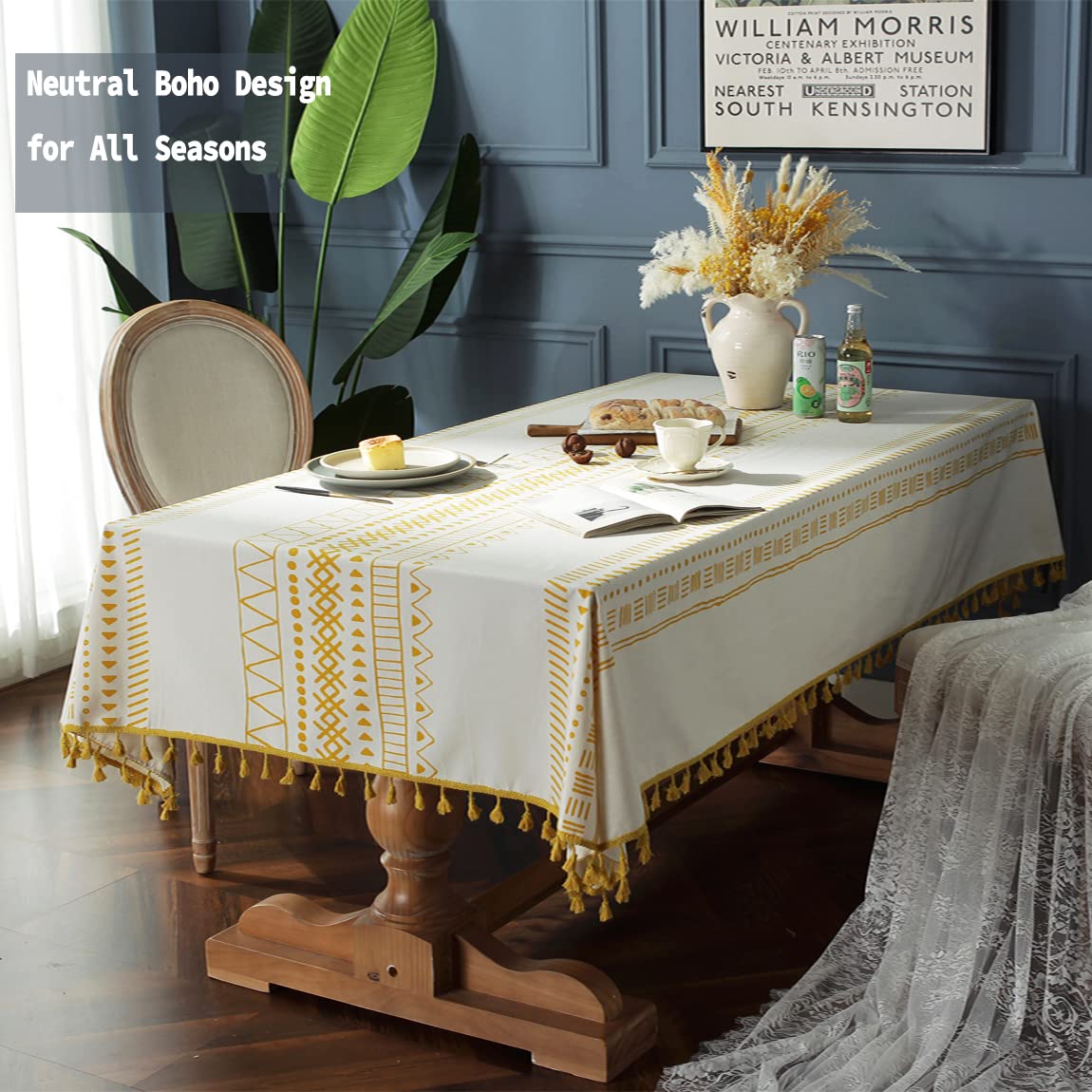 Cotton Linen Rectangle Tablecloth with Boho Tassel