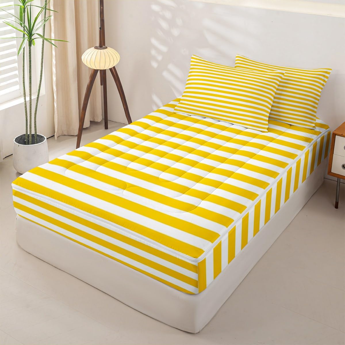 Stripe Zipper Bedding Set Yellow White Striped