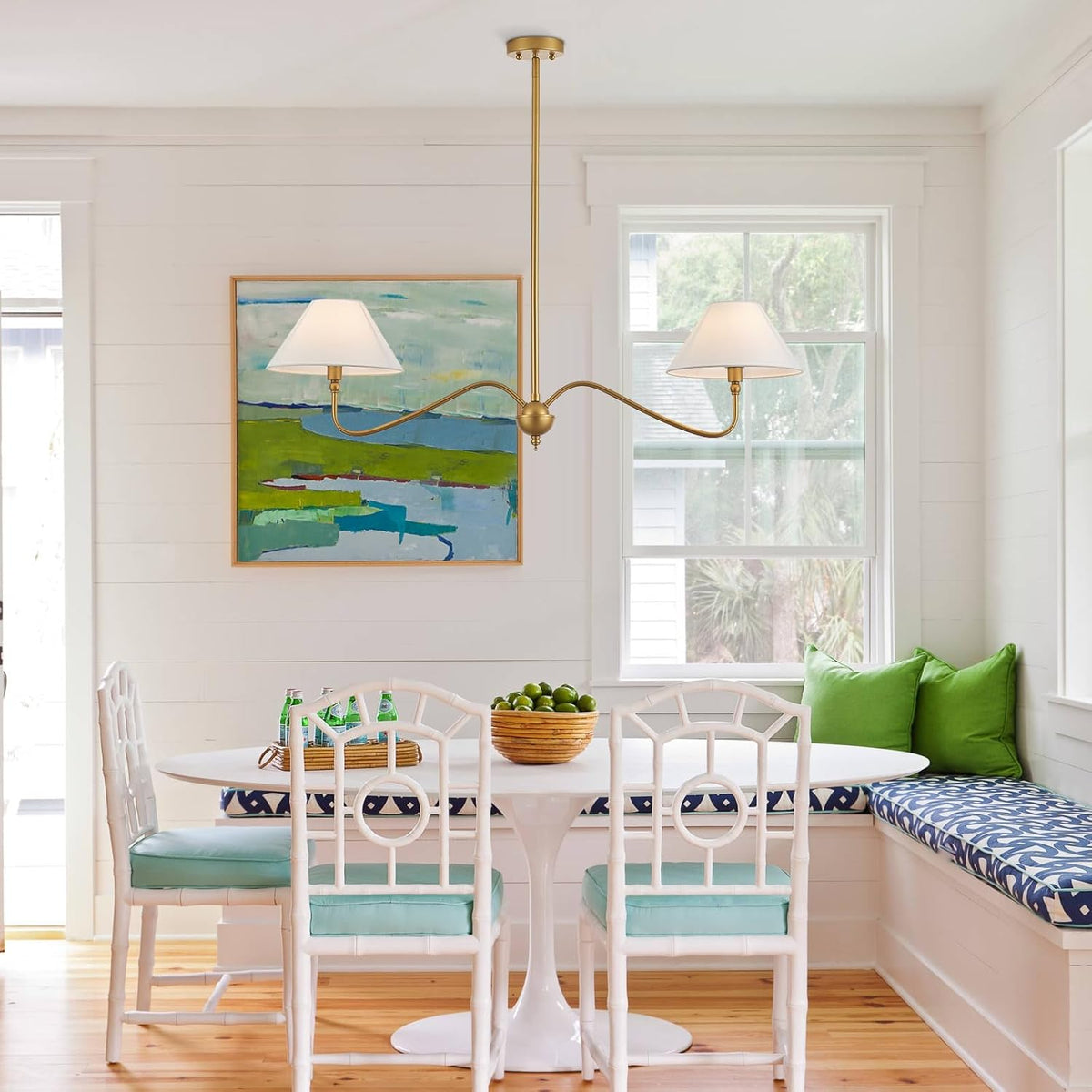 Modern Gold Linear Chandelier for Kitchen Island, 2-Light Linear Light Fixture with Off-White Fabric Shade, Rustic