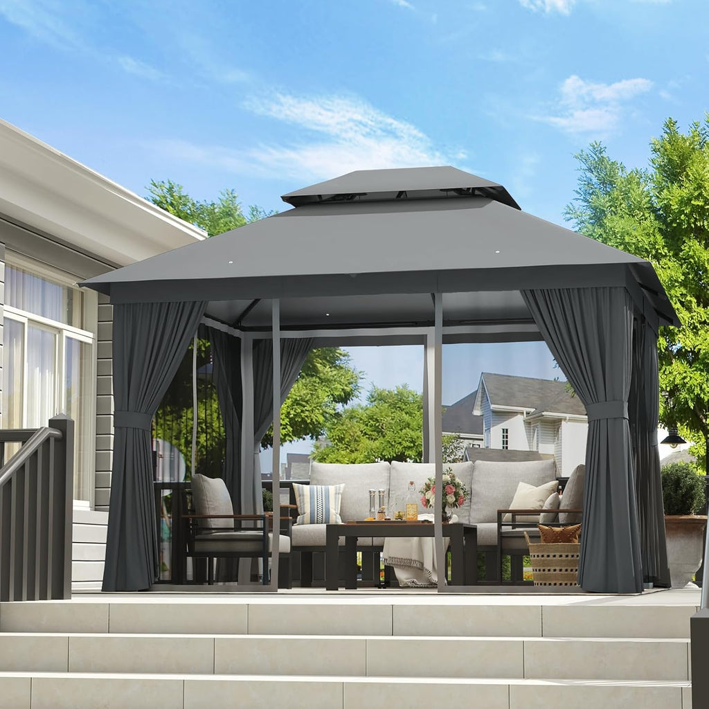 Outdoor Gazebo 10x12, Metal Frame Canopy with Double Roofs