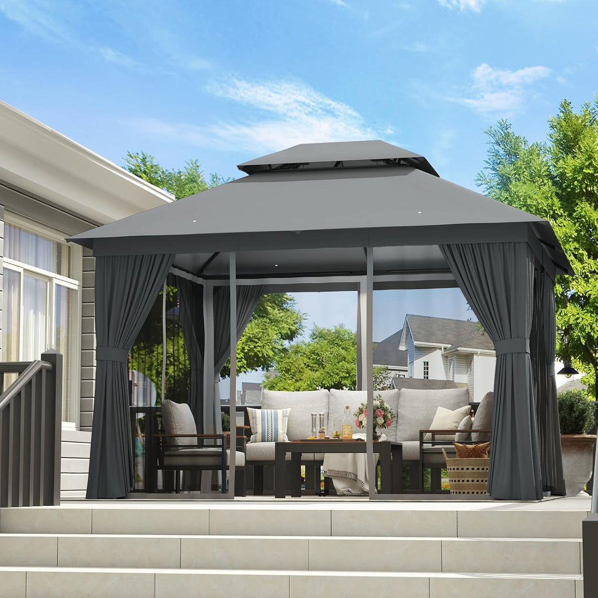 Outdoor Gazebo 10x12, Metal Frame Canopy with Double Roofs