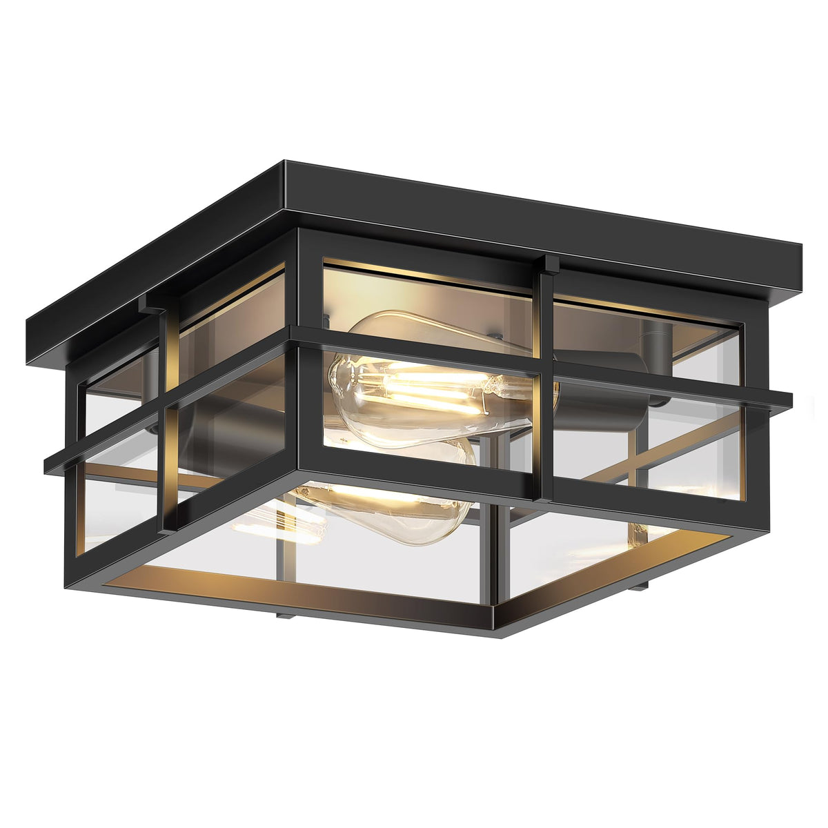 2-Light Black Flush Mount Ceiling Light, Farmhouse Kitchen Lighting Fixtures with Clear Glass, Outdoor Porch Lights
