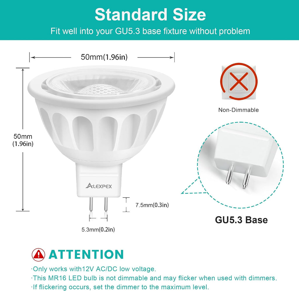 MR16 LED Bulbs 10 Pack, 5000K Daylight 500LM Lights (50W Equivalent), Non-Dimmable 40-Degree AC/DC 12V GU5.3 Bi-Pin