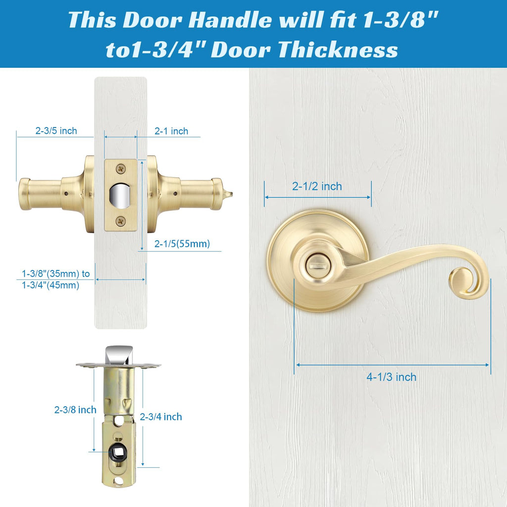 5 Pack Gold Door Handles, Wave Style Brass Privacy Door Lever