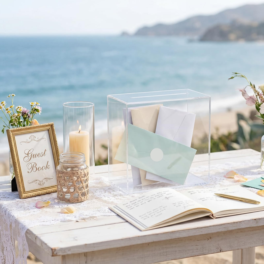 Clear Acrylic Card Box w/Slot, Thick DIY Wedding Box Blank No Print, Large 10x10x5.5 in, for Reception Decoration