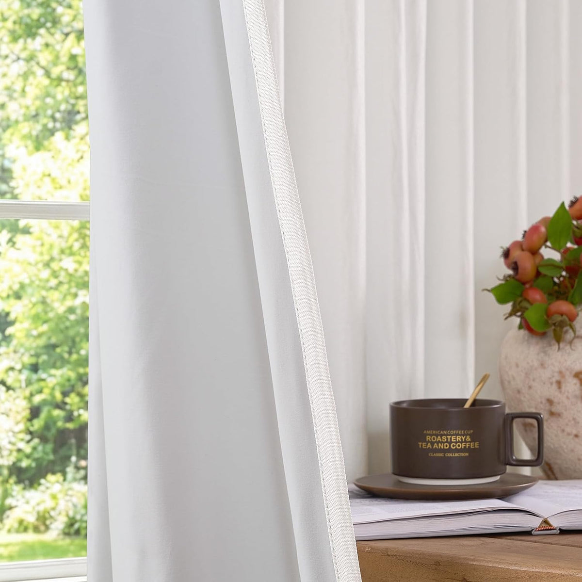 100% Blackout Curtains (Set of 2 Panels) for Bedroom Decor White Linen Textured Curtains with Liner Insulated Thermal Curtains