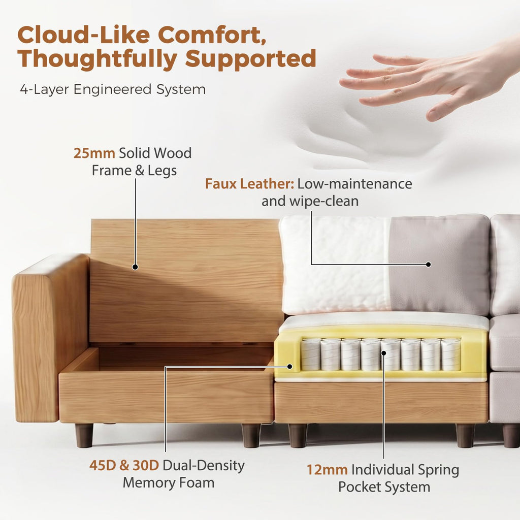118.5" Faux Leather Modular Sectional Sofa, L Shaped Couch Set, 7-Seater Comfy Cloud Couches with Storage Seat Gray