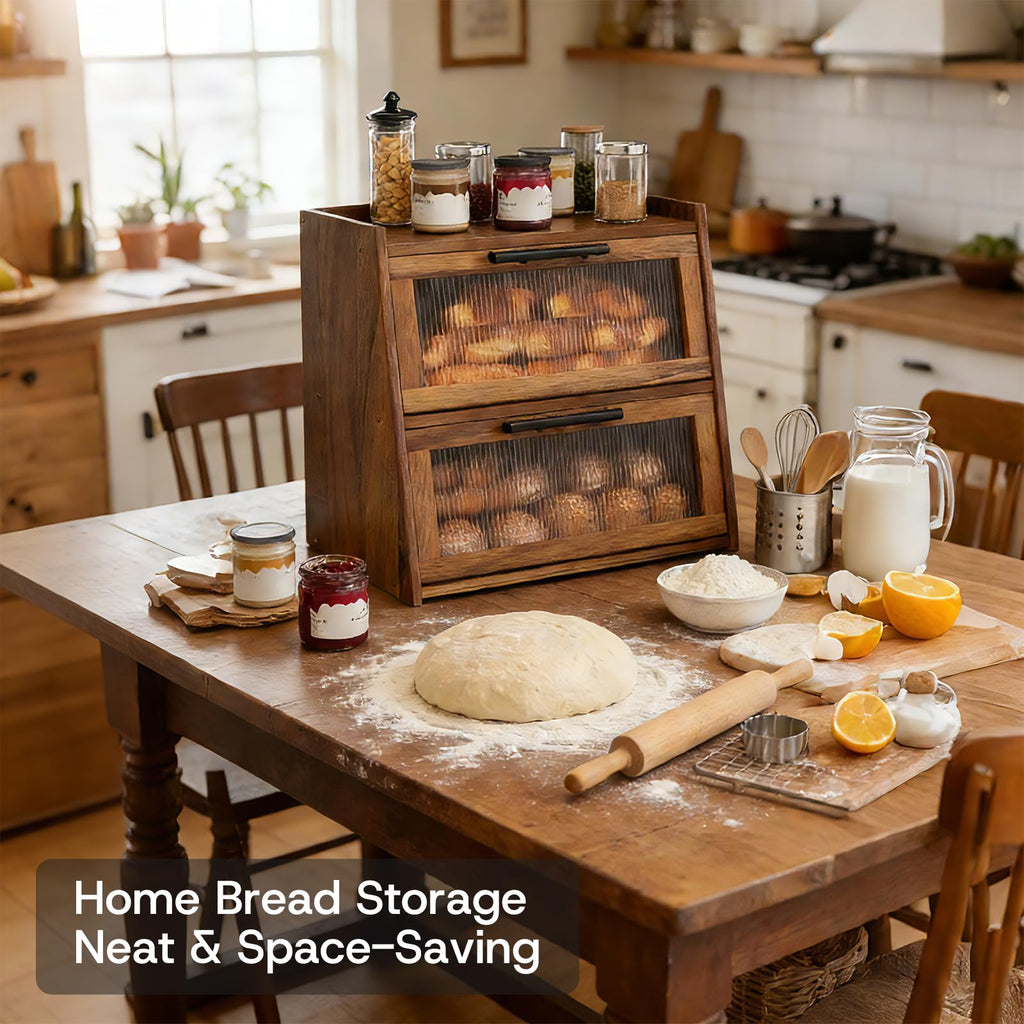 Countertop - Acacia Wood, Wavy Acrylic Door, 2-Layer Bread Storage Container, Large Bread Holder