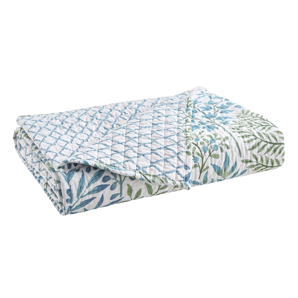 English Forest Green - Throw - Leaves - Green, Blue, White - Quilted Throw (50x60in.) - Cotton