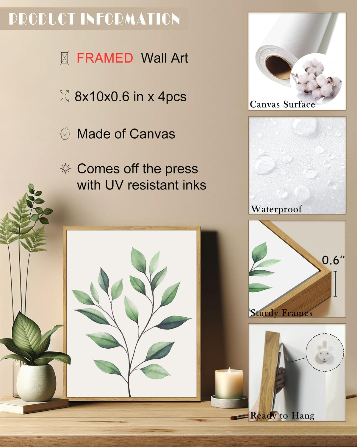Botanical Canvas Framed Wall Art Watercolor Green Leaf Tropical Plant Art Prints Boho Decor Bathroom Kitchen Home
