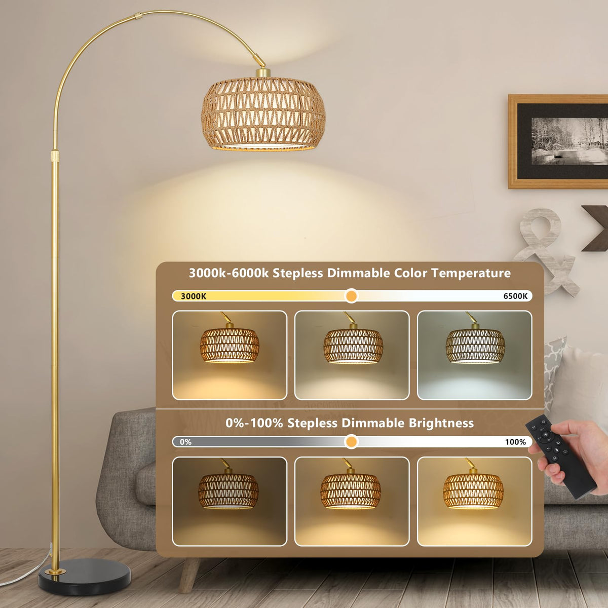 Gold Floor Lamps, Arc Floor Lamp with Remote & Dimmable Bulb, Boho Rattan Standing lamp with 3 Color Temperatures