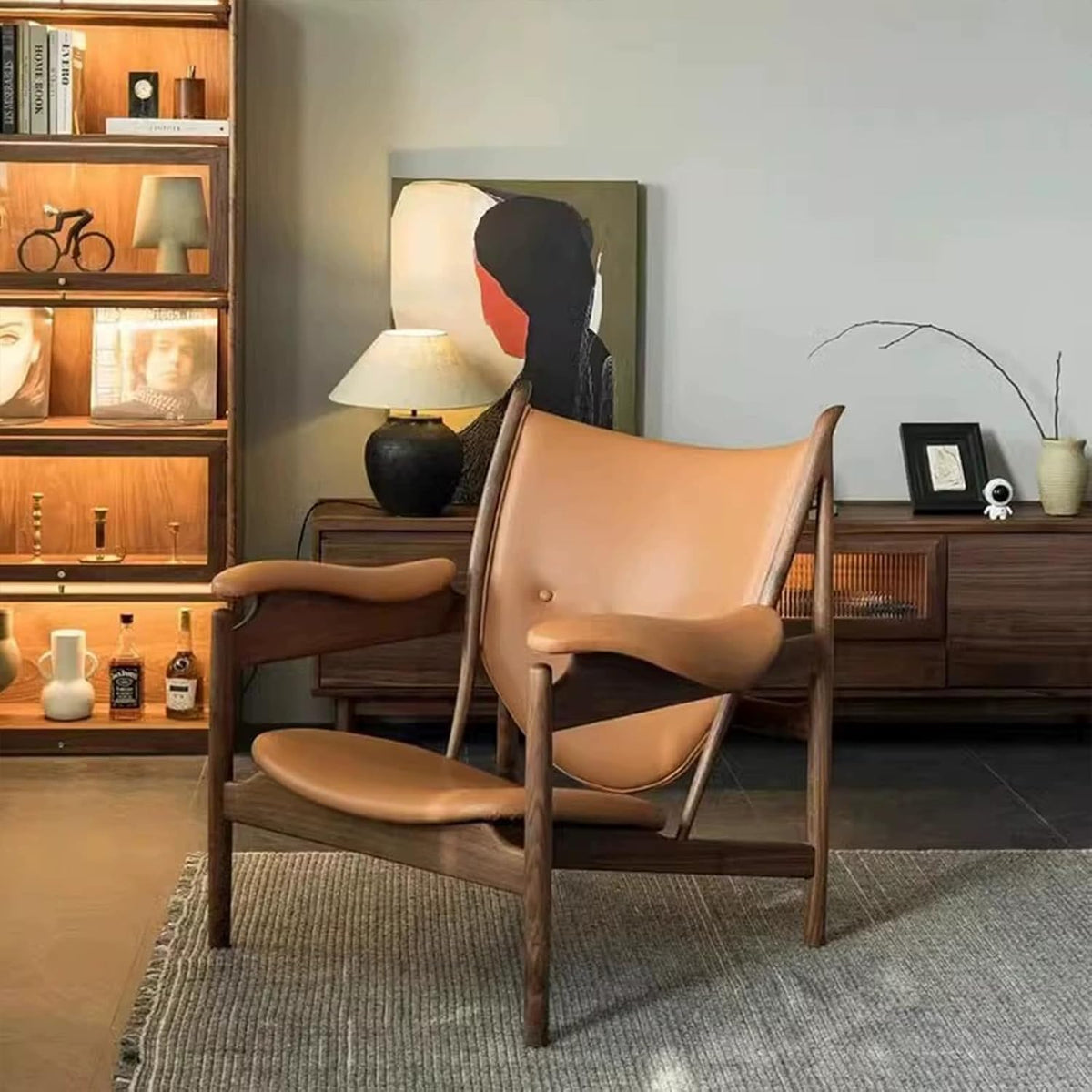 Inspired Chieftain Style Lounge Chair — Cognac Brown Leather, Solid Ash Frame