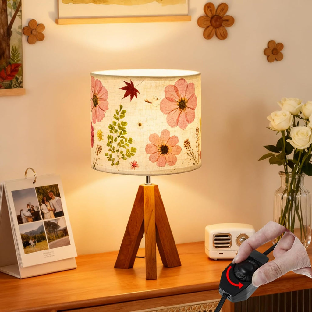 Dried Flowers Tripod Table Lamp 14.96in, 9W LED Dimmable Cute Bedside Lamp with Flowers Linen Lampshade, Kid Room