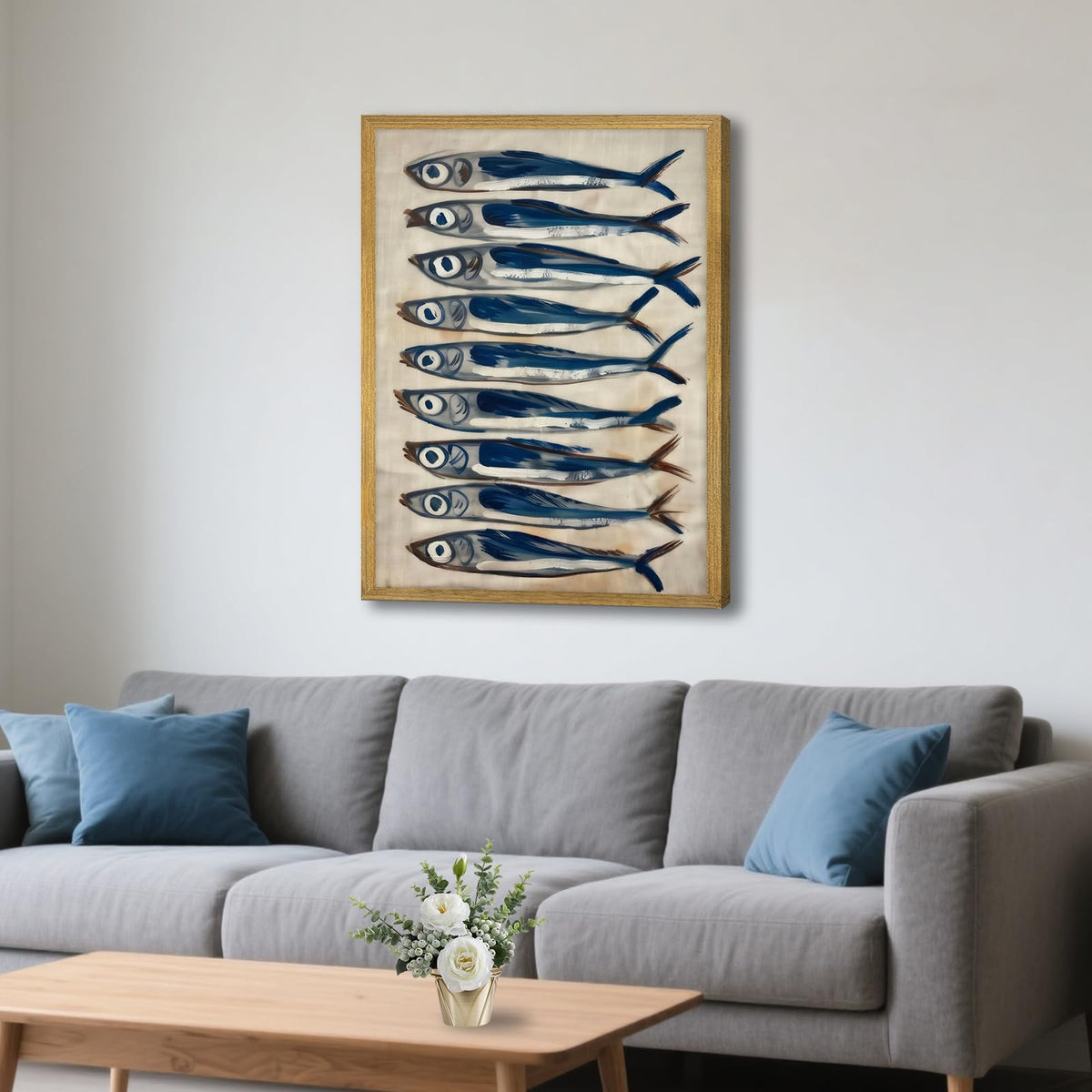 Coastal Sardine Wall Art Framed Nautical Fish Poster Rustic Beach House Wall Decor Kitchen Dining Room Sea Life