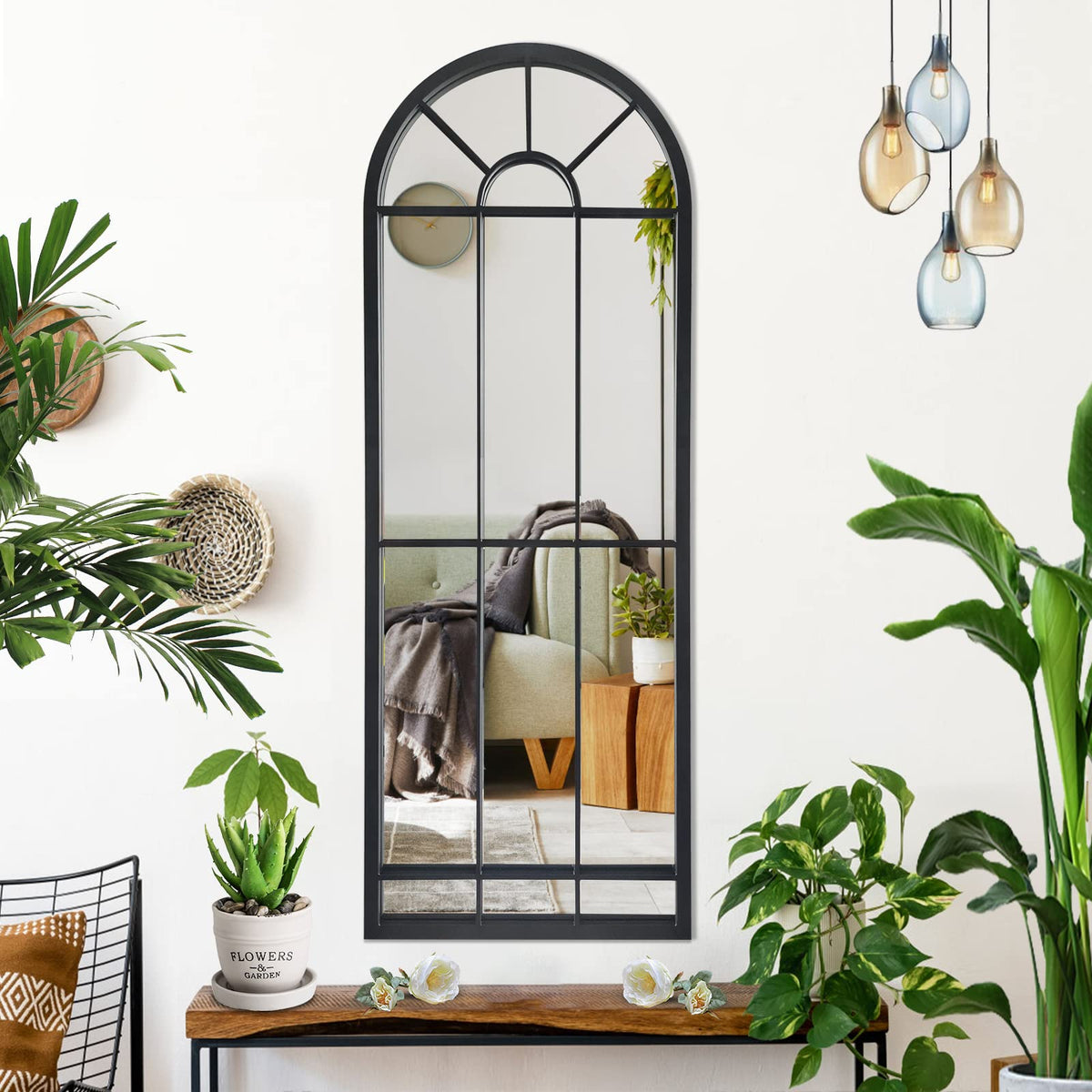 Wall Mirror Window Decorative Mirrors Arched Farmhouse Bedroom Entryway Bathroom Vanity (Black,47" x17" x1")