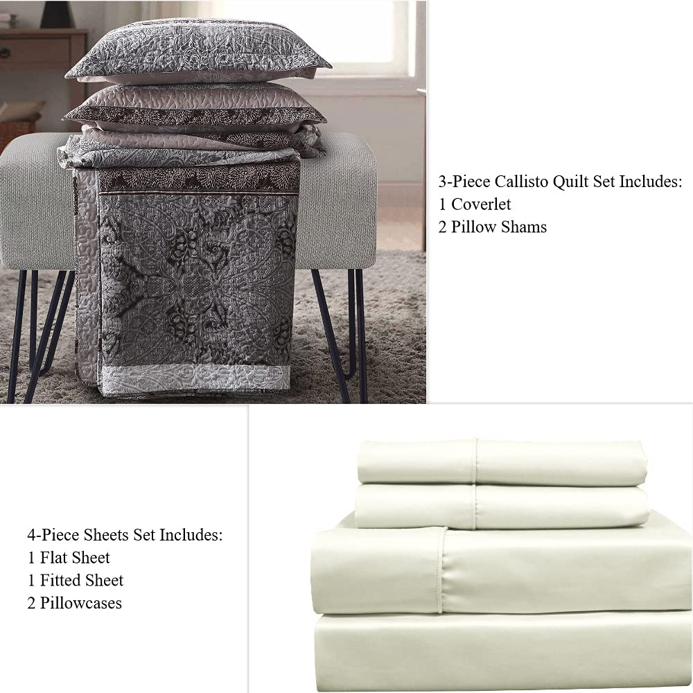 7PC Bedding Set- Callisto Taupe Lightweight Quilt with Solid Ivory Microfiber Bed Sheets