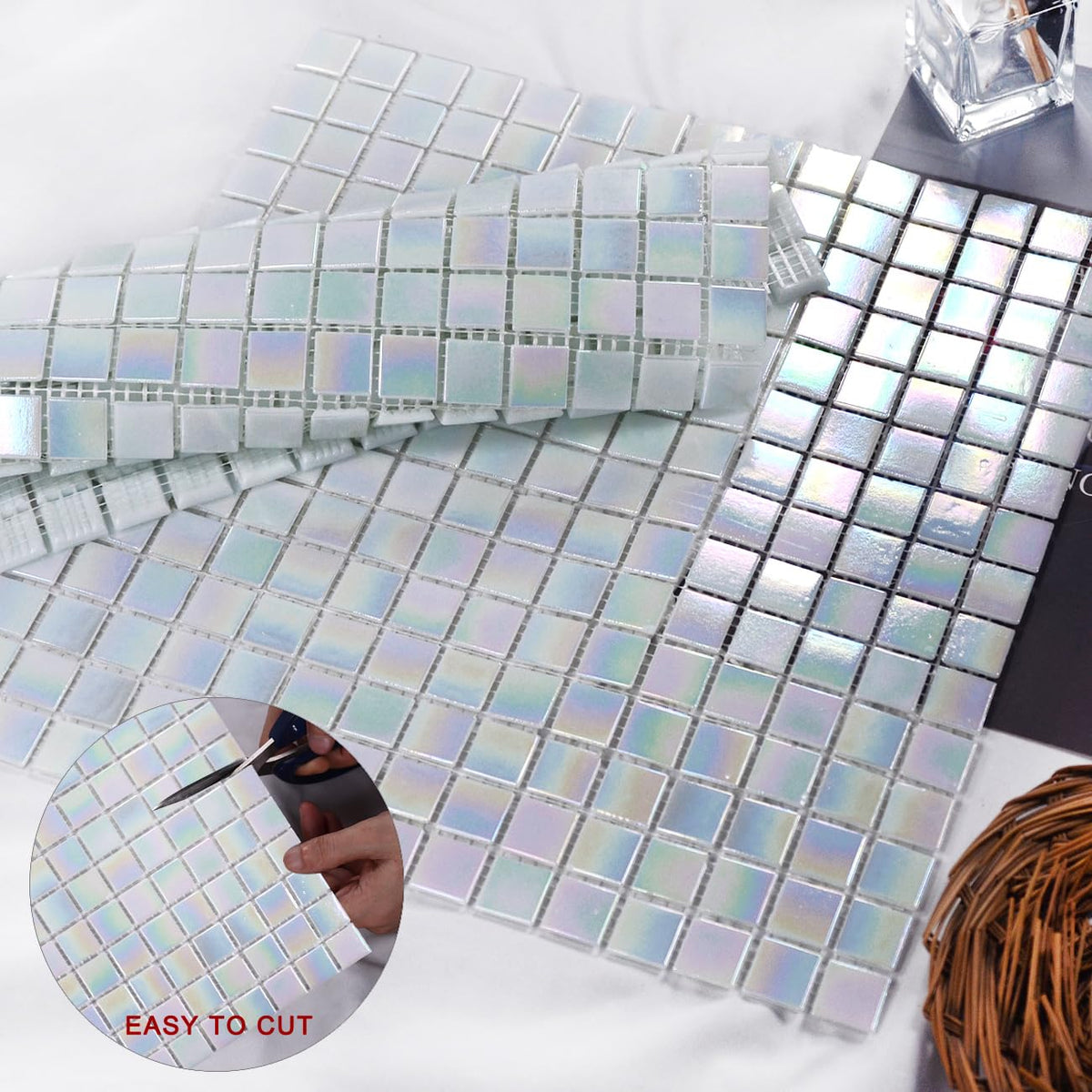 11.5sq.ft Iridescent White Glass Mosaic Tile , Pool, Backsplash