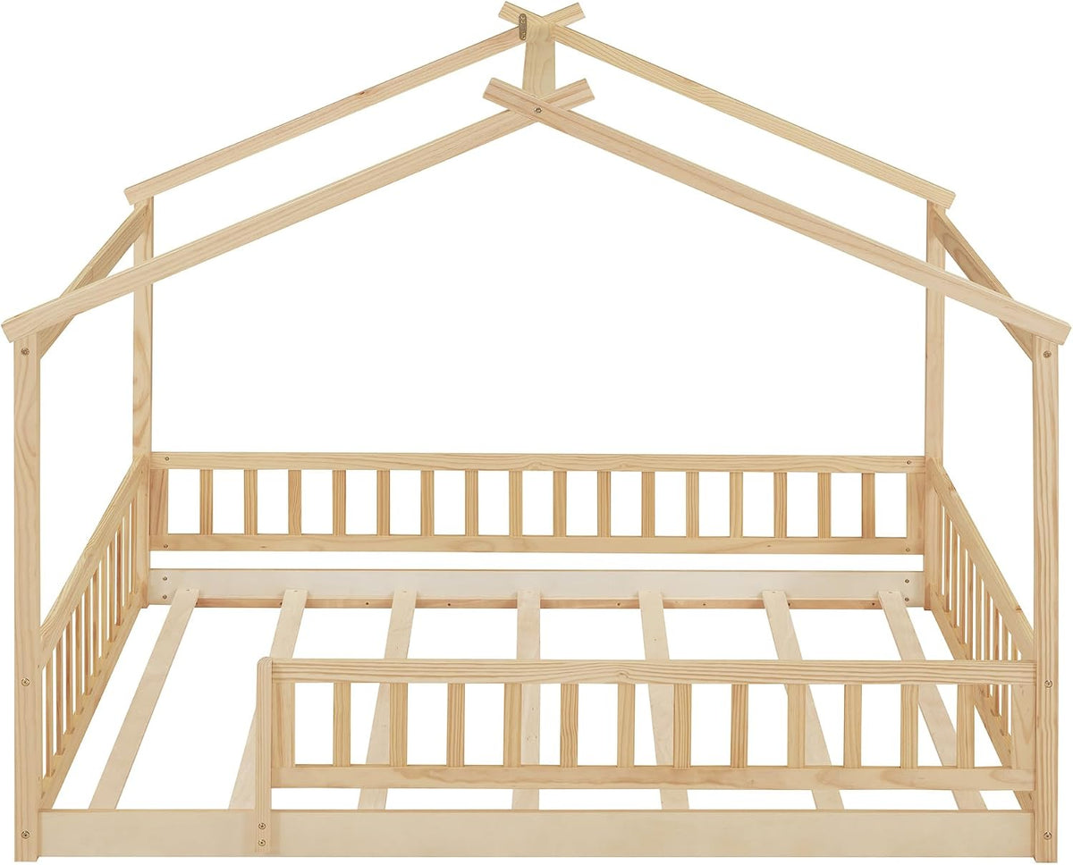 Full Size House Bed Frame, House Beds for Kids, Montessori Floor Bed with Fence, Playhouse for Kids,Full, Natural