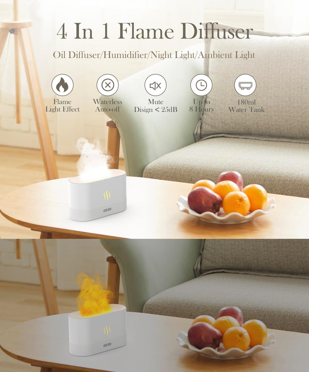 Essential Oil Diffuser, Humidifier with 7 Colors Flame Light