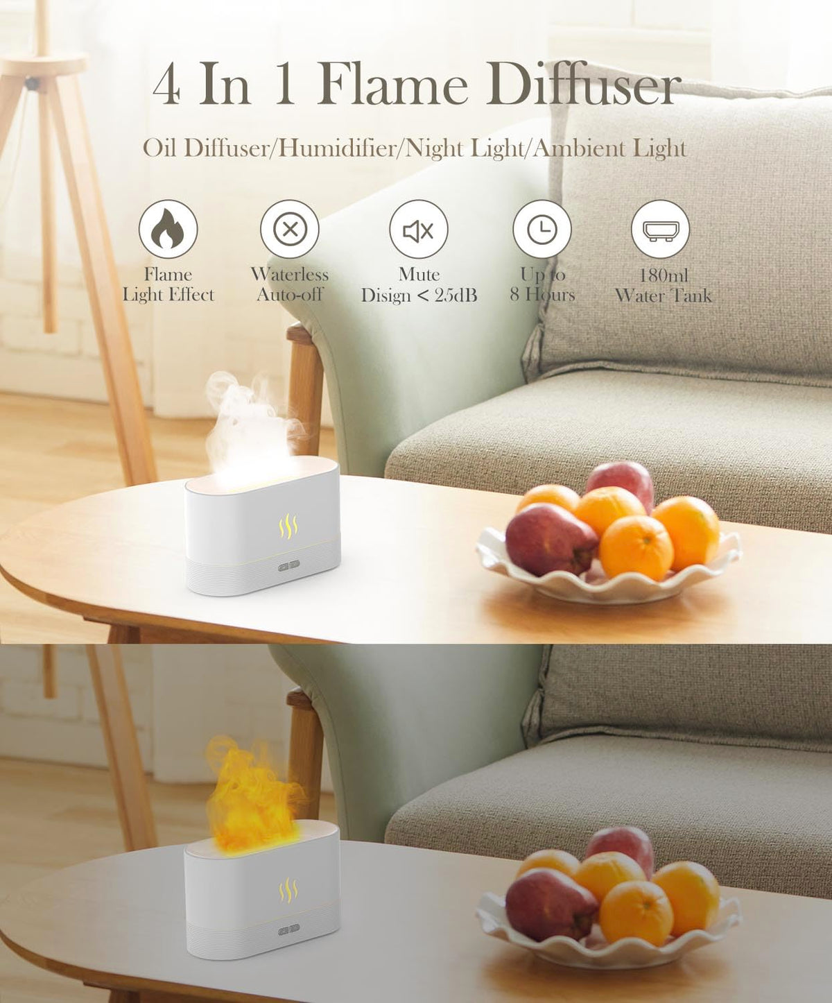 Essential Oil Diffuser, Humidifier with 7 Colors Flame Light