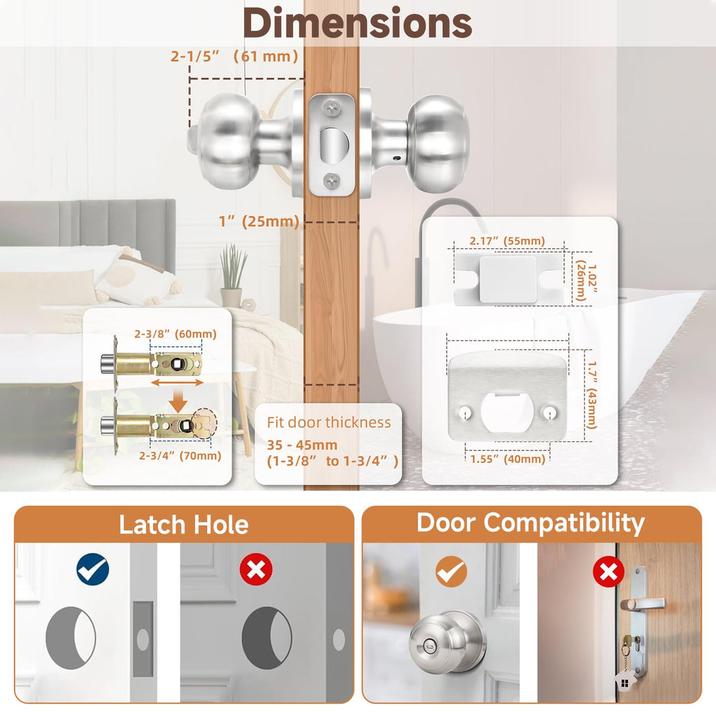 5 Pack Door Knobs Brushed Nickel Interior Keyless Door Lock Privacy Door Handle, Round Ball Silver Knobs Bedroom