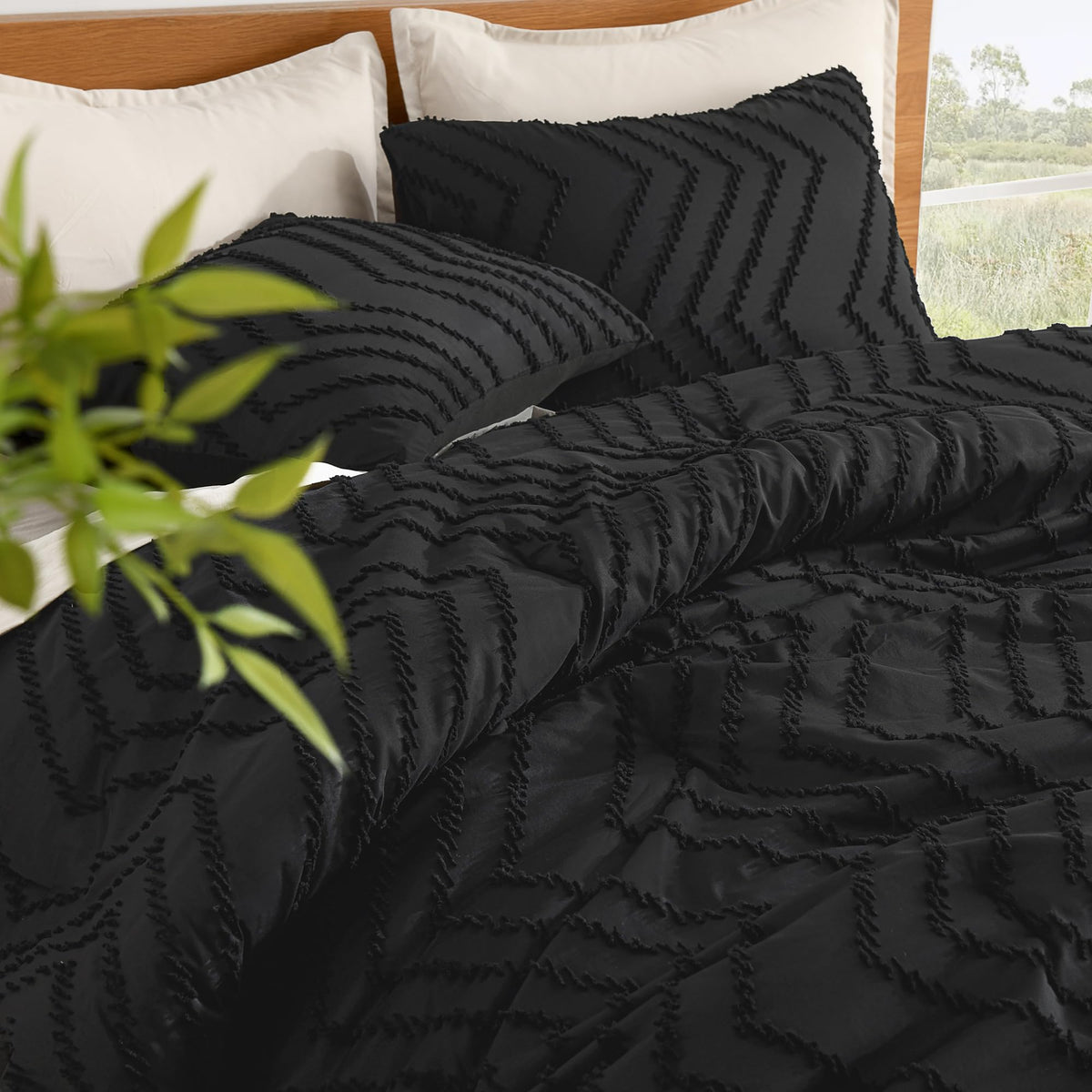 Black Super King Plus Comforter Set, 3 Pcs Boho Tufted Bedding Set