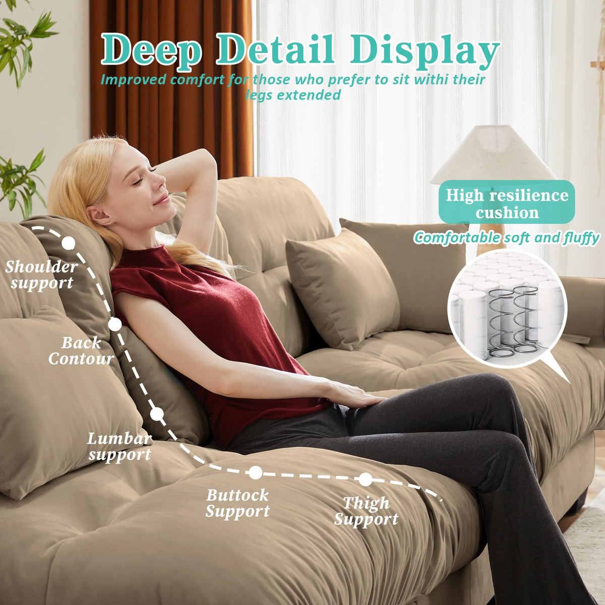 166" Sectional Couches, L Shaped Sofa Couch with Velvet Fabric, 4 Seat Modern Sofa with Ottoman, Removable Pillows