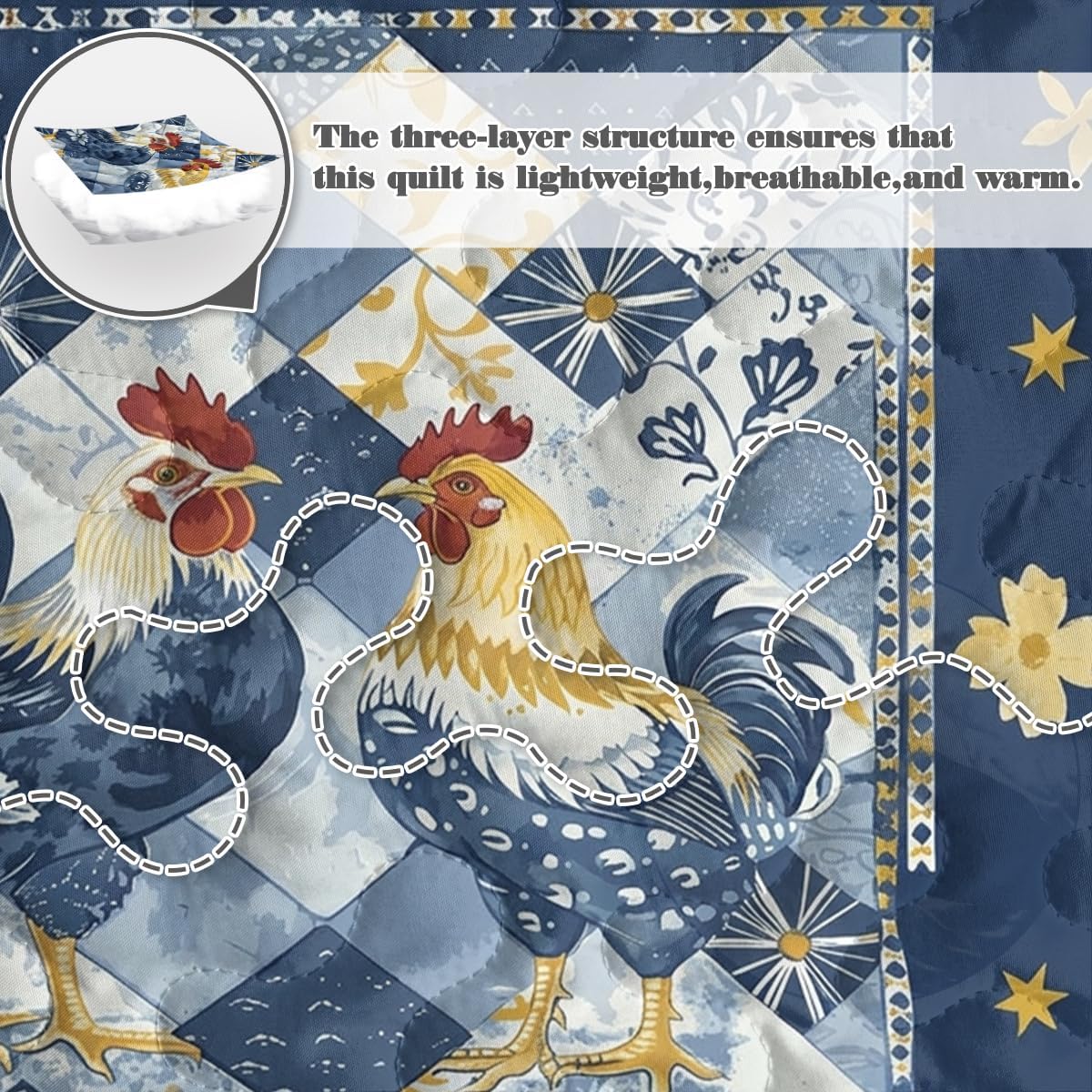 Farmhouse Rooster Quilt Set, Navy Blue and Yellow Patchwork Country Bedding