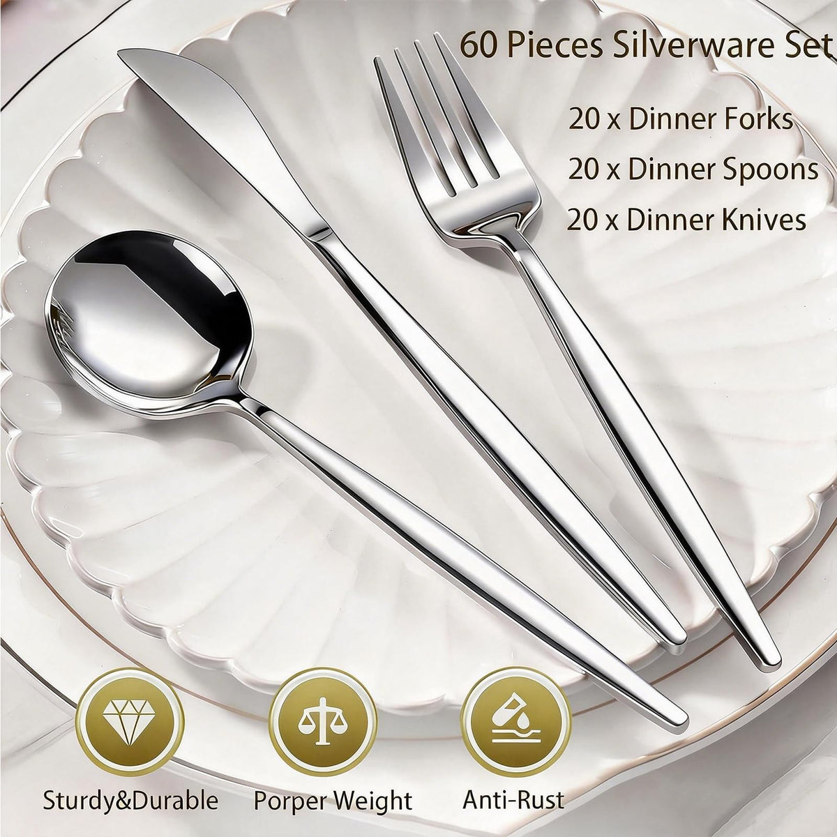 60-Piece Silverware Set for 20, Food Grade Stainless Steel Flatware Set with Thickened Forks Spoons Knives, Mirror