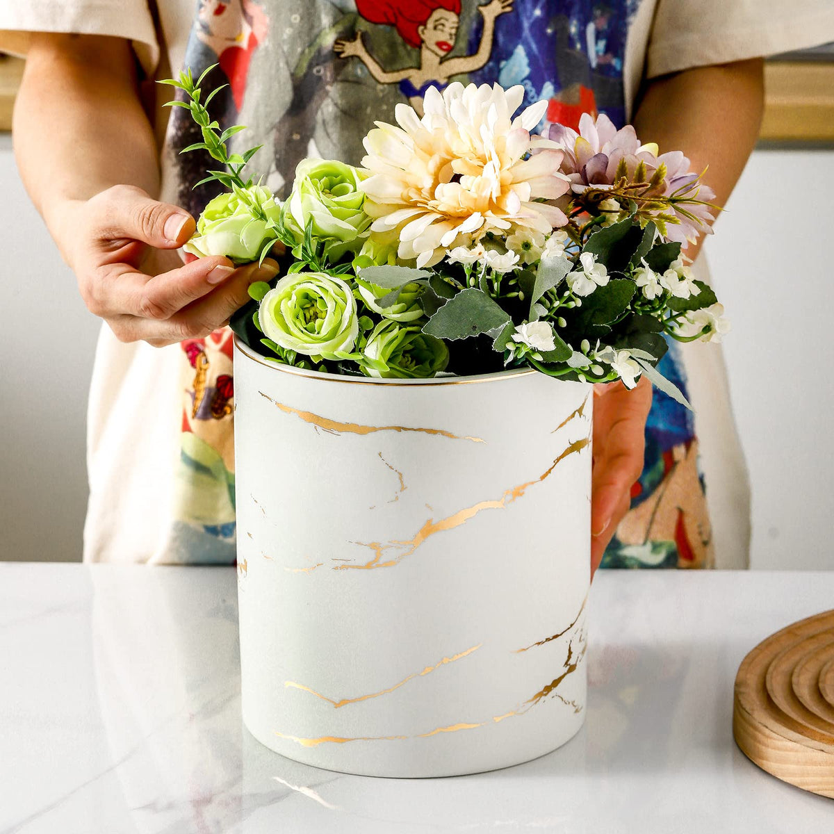 7" Marble Utensil Holder, Large Kitchen Utensil Holder Organizer, Golden Marble White Stable Utensil Crock Spatula