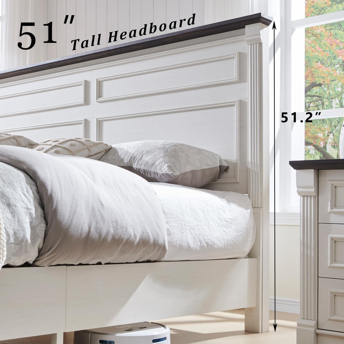 Farmhouse King Bed Frame with 51" Tall Headboard, Wood Platform Bed Frame with 20" Tall Roman Column Decoration