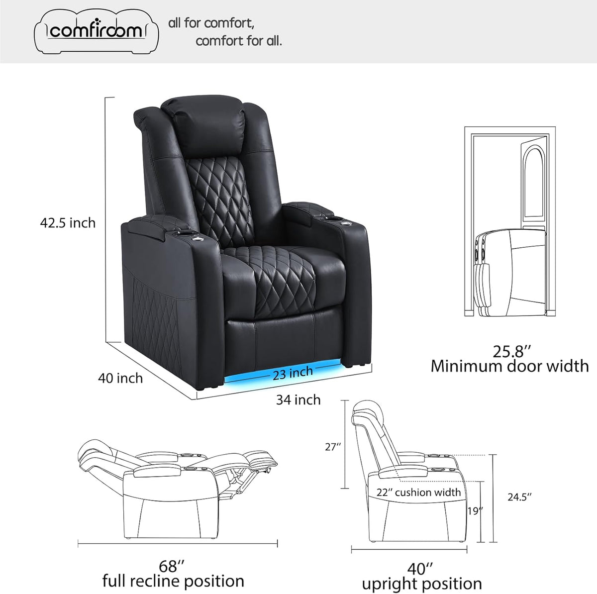 Leather Home Theater Seating, Classic Series Game Seats Movie Theater Chairs Recliner Sofa with Type-C USB Charger