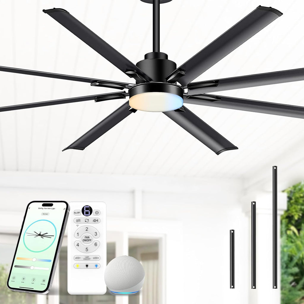 72" Black Outdoor Smart Ceiling Fan with Light
