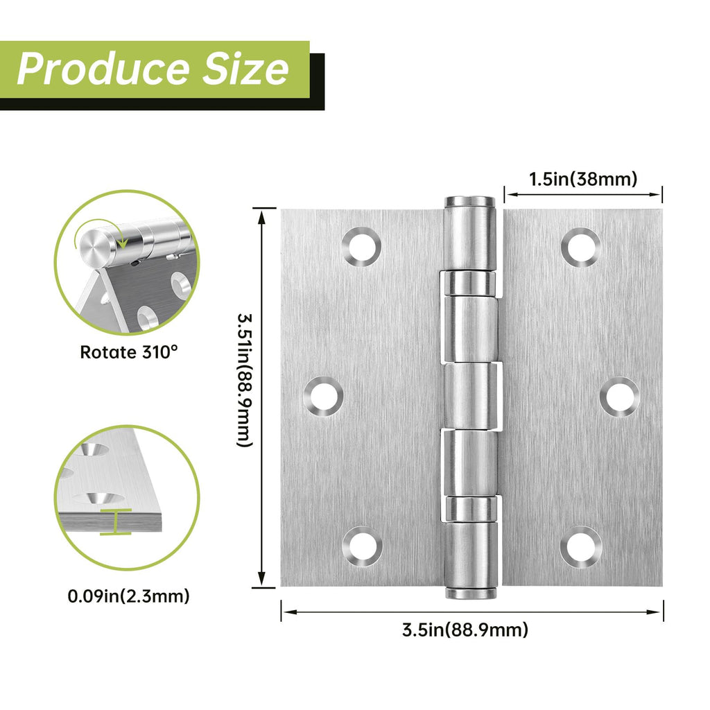3 Pack Door Hinges 3.5 x 3.5 Inches, Heavy Duty Stainless Steel Ball Bearing Hinges with Screws, Non Removable Pin