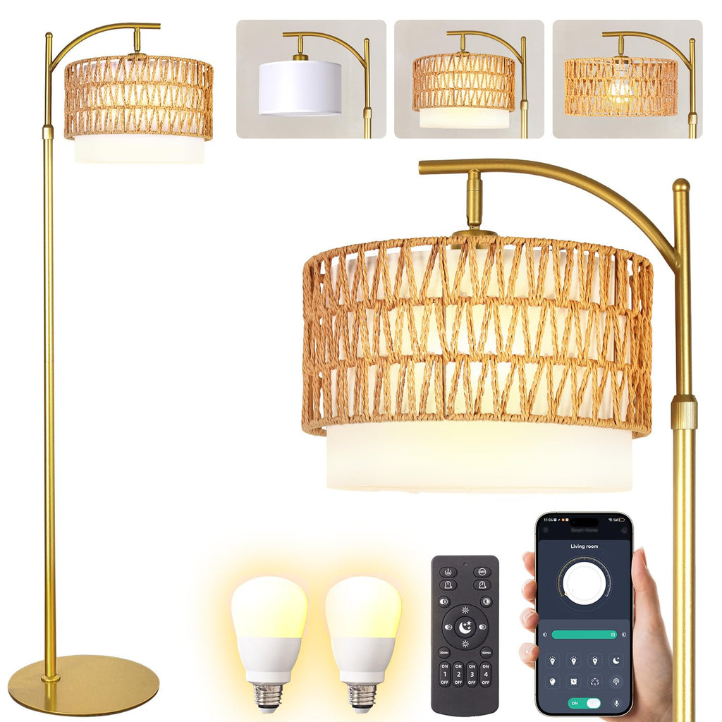 Rustic Woven Rattan Floor Lamp - Golden Finish, Arc Design, 12W LED (1 in use + 1 Spare), Remote & Dimmable 3-Color