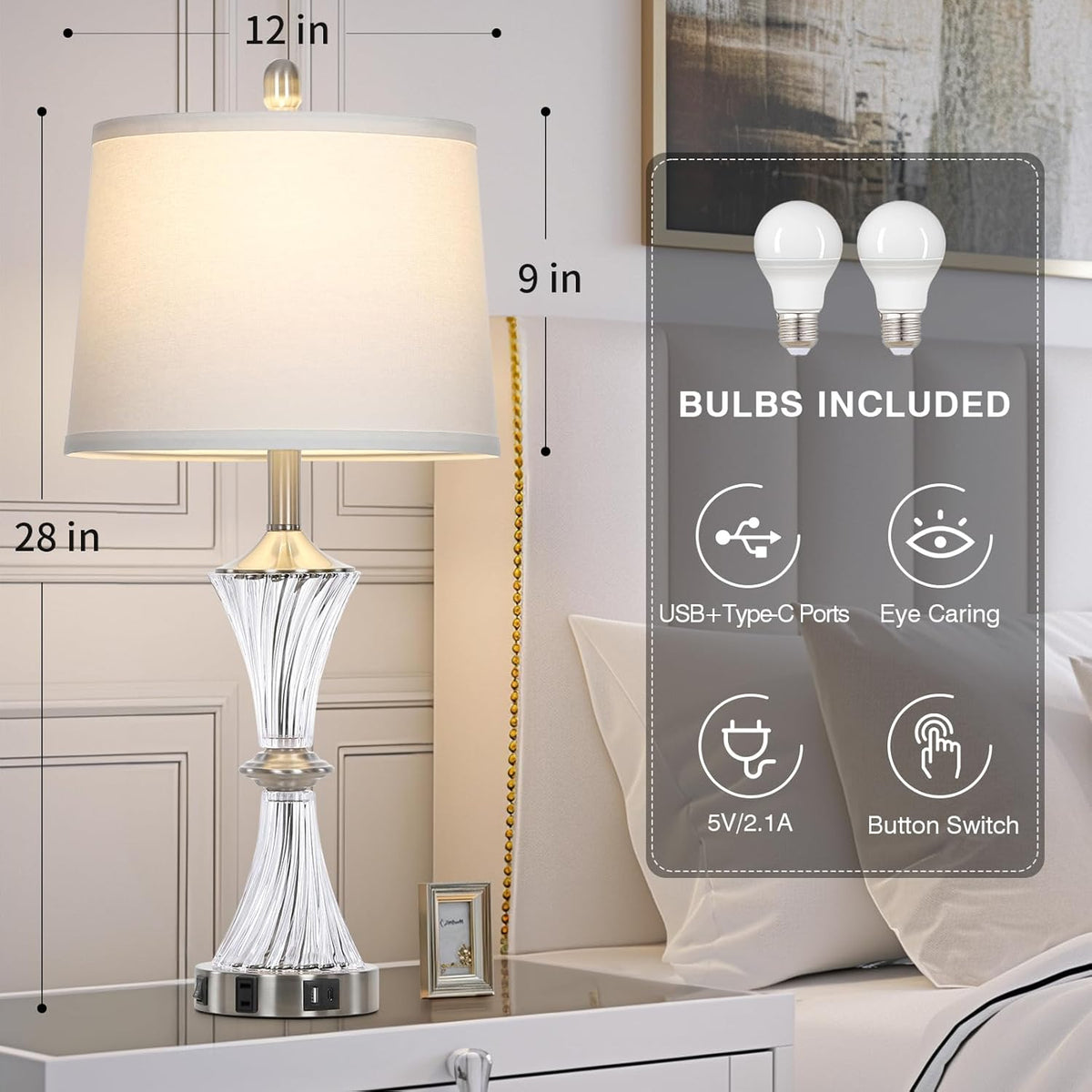 Crystal Glass Table Lamp with USB C+A Ports & AC Outlet,White Clear Modern Bedroom Lamp