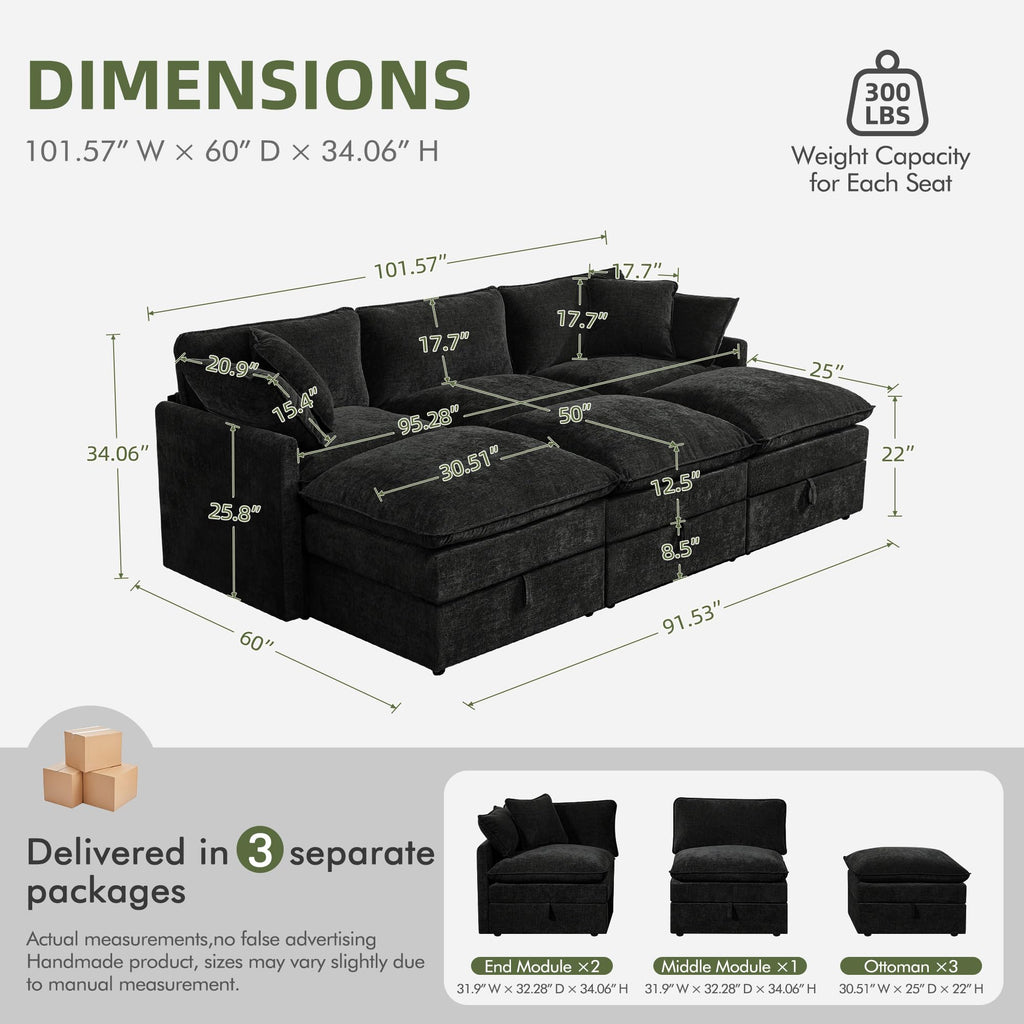 Modular Sectional Sofa Bed with Storage Ottomans, 103" Cloud Couch, 6-Seater Comfy Modern Couches with Pillows &