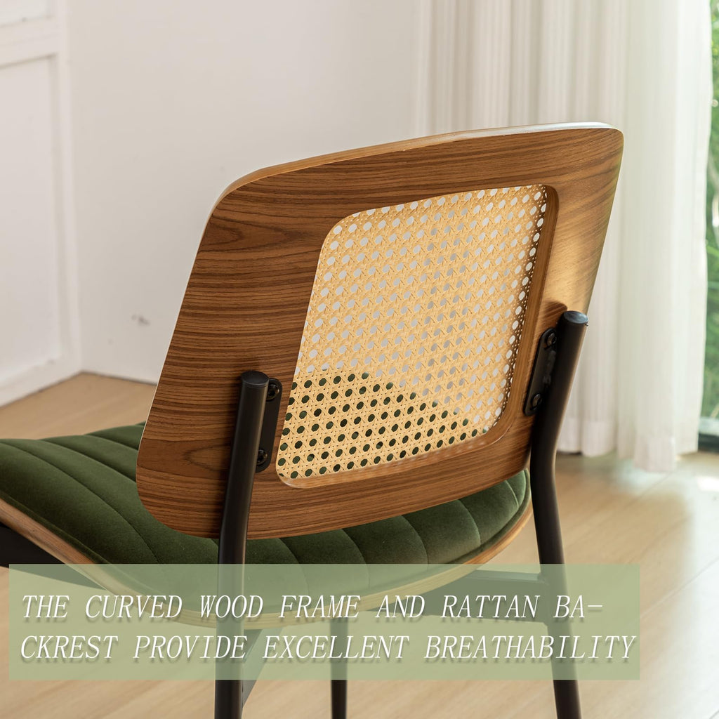 Dining Chairs Set of 2 Mid Century Modern Retro Green Velvet Kitchen Chairs with Walnut Bentwood Upholstered Seat