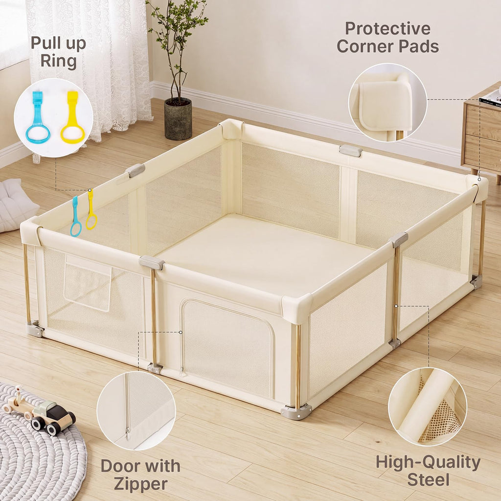 Foldable Baby Playpen with Mat, 71x79 Foldable Play Pen for Babies and Toddlers, Baby Playpen with Portable Design