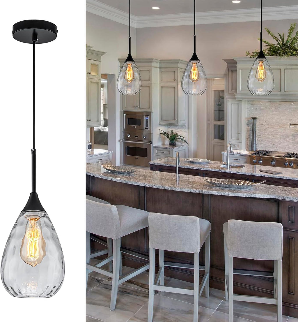 6.3" Glass Pendant Lights Kitchen Island,Modern Black Pendant Lights with Clear Water Ripple Glass Shade,1-Light