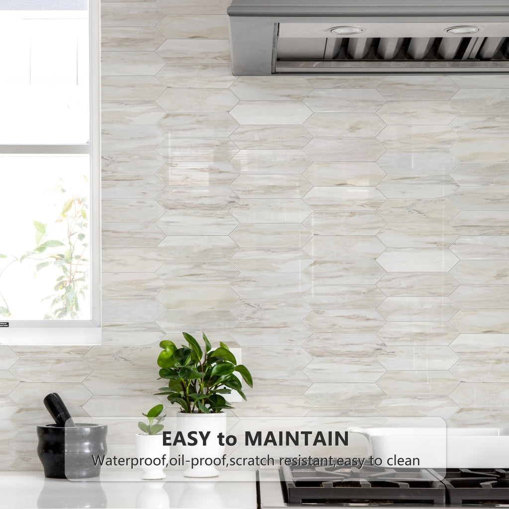 Glossy Wood Marble Grain Backsplash Tile Peel and Stick, 12.8 x 12.8 Inch 10 Sheets Long Hexagon PVC Self Adhesive