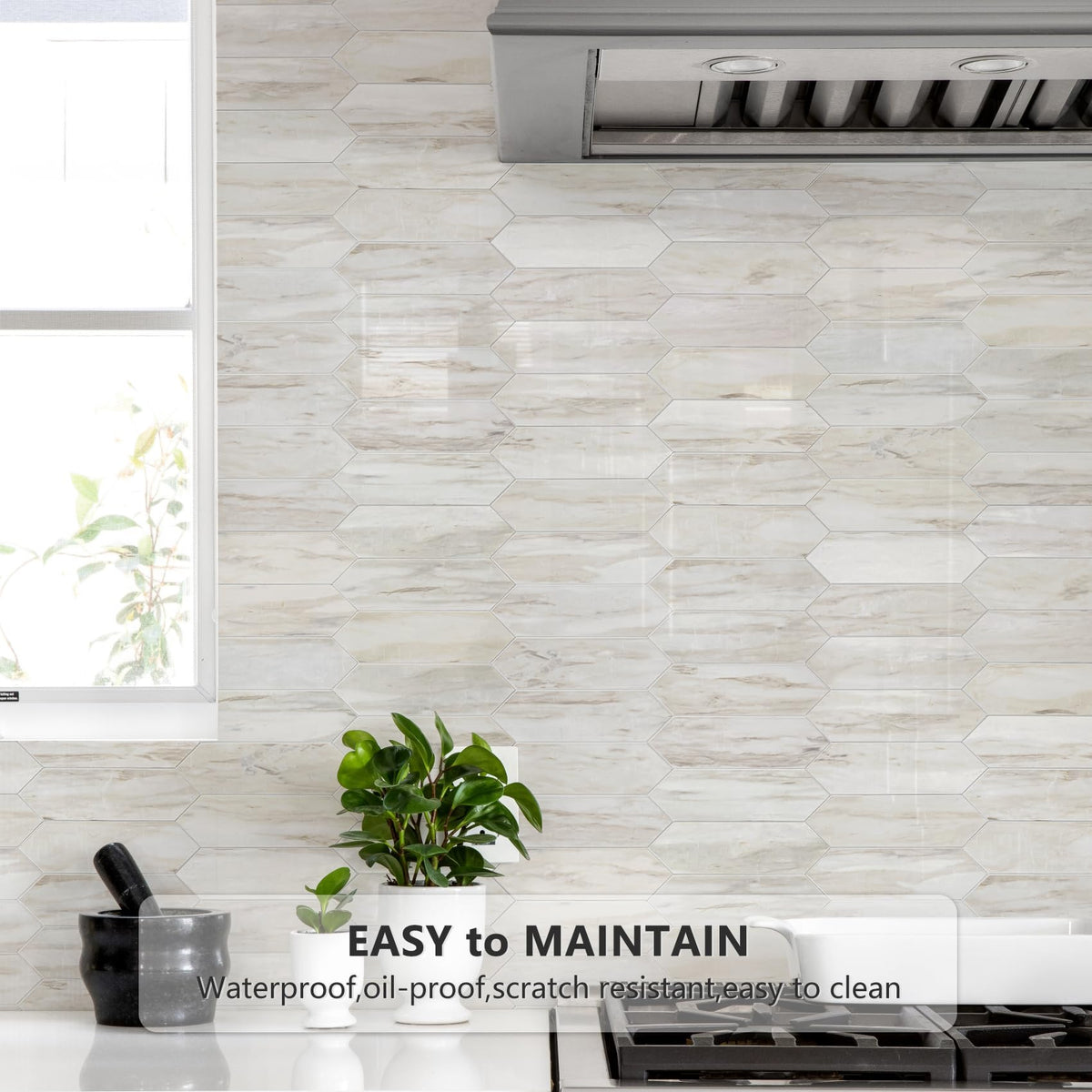 Glossy Wood Marble Grain Backsplash Tile Peel and Stick, 12.8 x 12.8 Inch 10 Sheets Long Hexagon PVC Self Adhesive