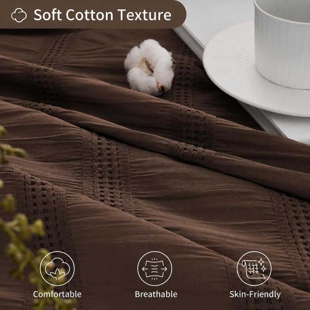 Extra Long Brown Farmhouse, 72 x 84 Cotton Blend Waffle Tufted Striped Chic Textured Fabric, Washable