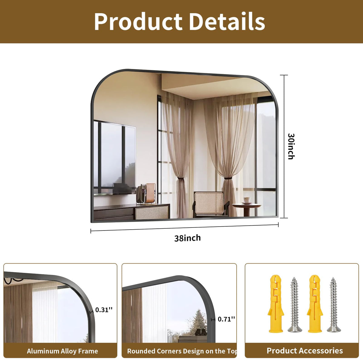 Black Arched Top Wall Mounted Mirror 38"x30"