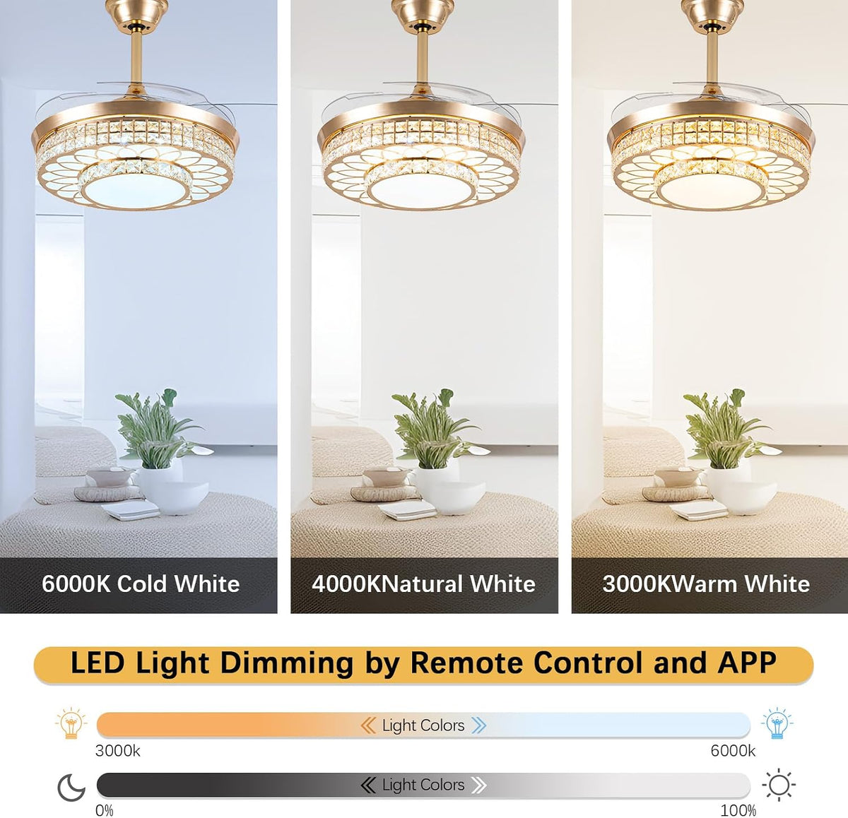 42" Retractable Ceiling Fans with Lights, Crystal Chandelier Ceiling Fan with Remote & APP Control, Modern Dimmable