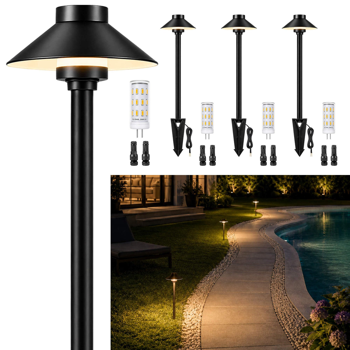 Solid Brass Low Voltage Hat-Top Path Light, Black, G4 2700K 4Pk